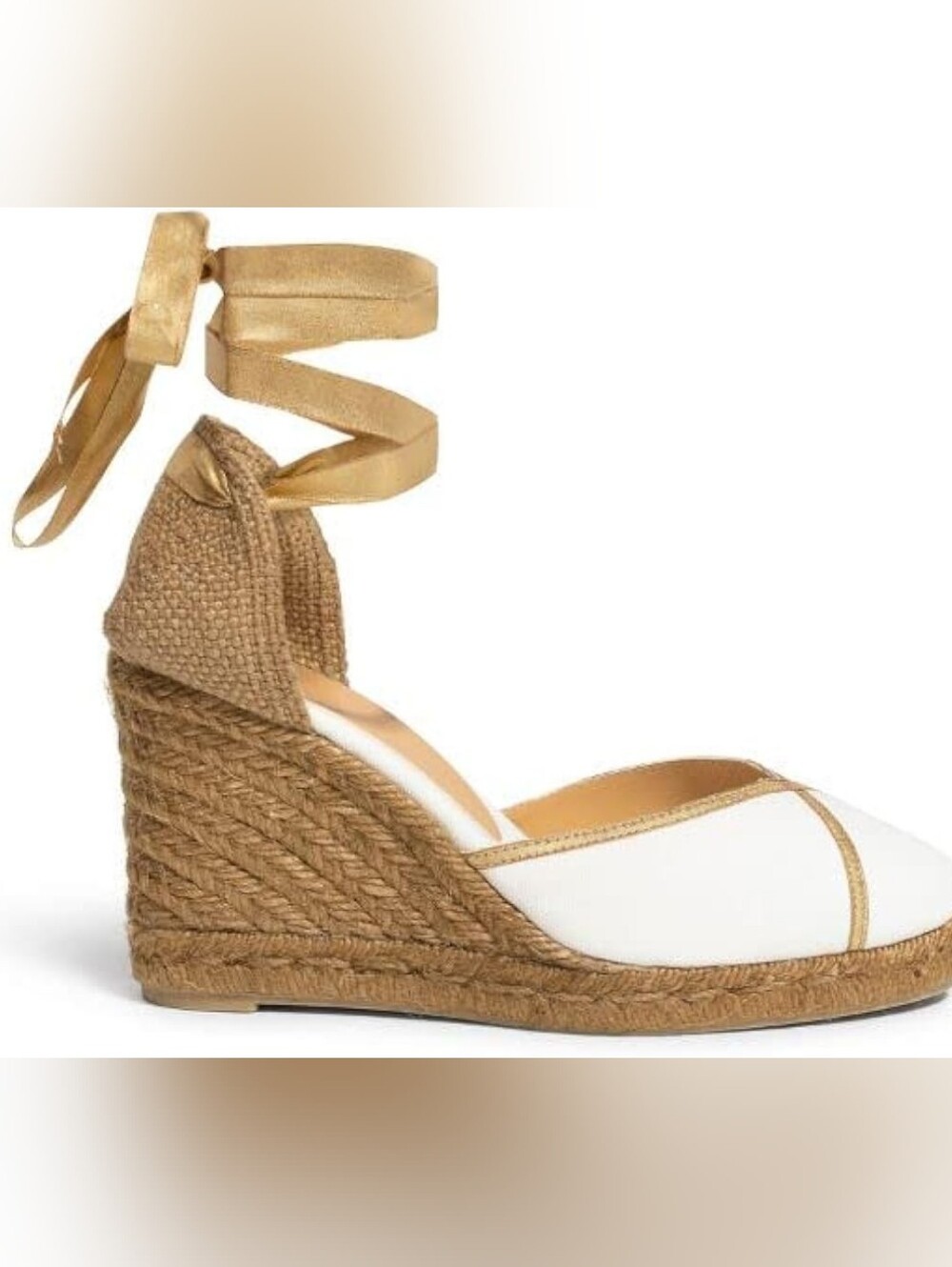 Castañer white canvas wedge espadrilles with gold ribbon ties